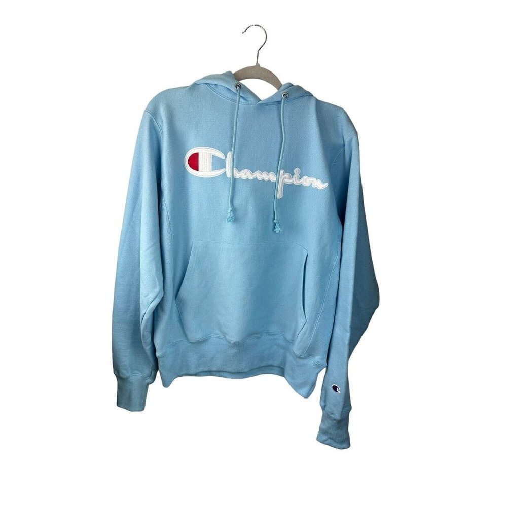 Champion‎ Reverse Weave Blue Hoodie Sweatshirt sz Small Logo Spell Out